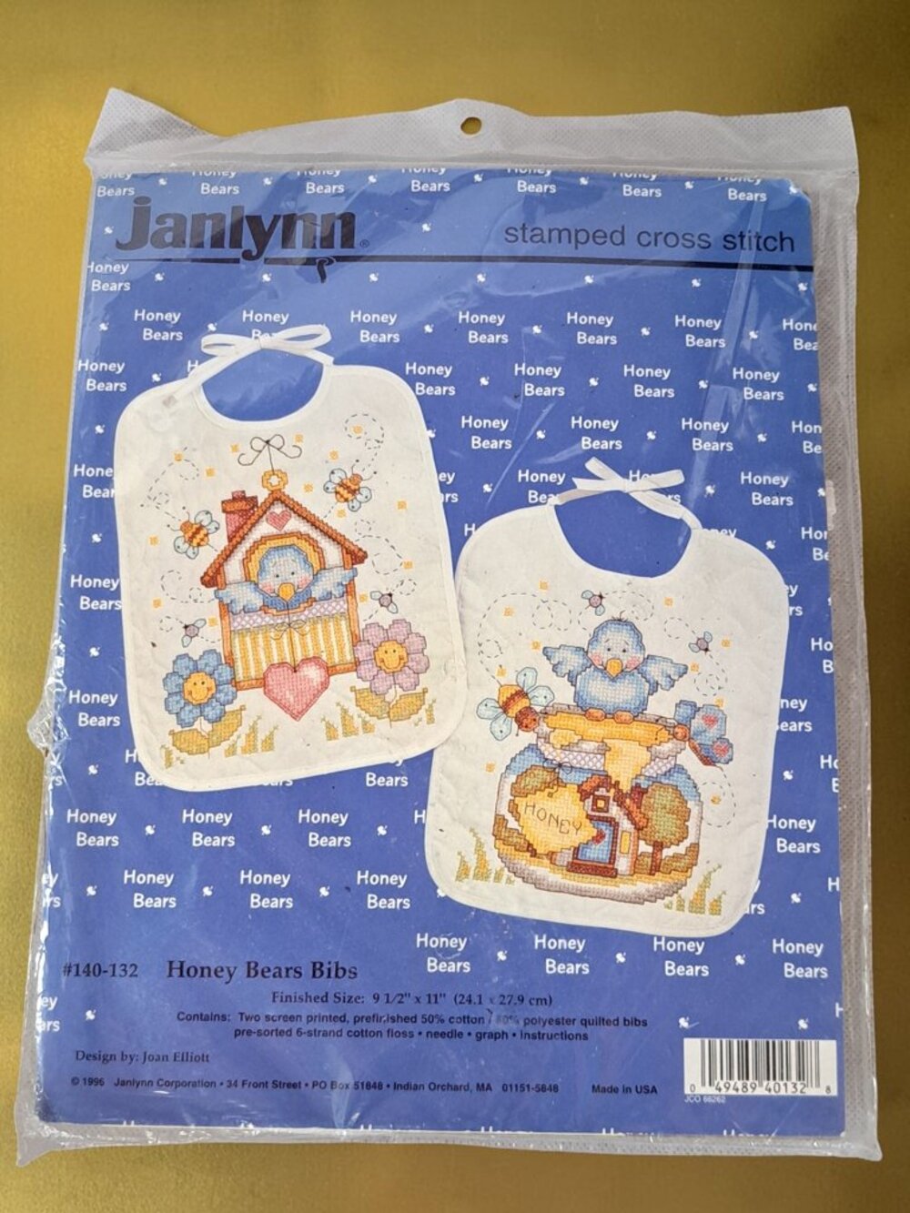 SET/2~Janlynn Stamped Cross Stitch Kit Honey Bears Bird Baby Bib 11”x9.5” Sealed